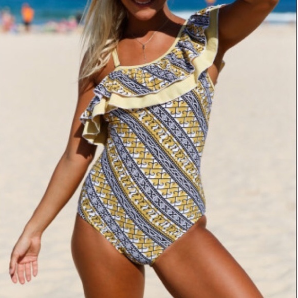 Plus Ruffle One Shoulder Teddy Swimsuit 1X & 2X - Picture 3 of 5